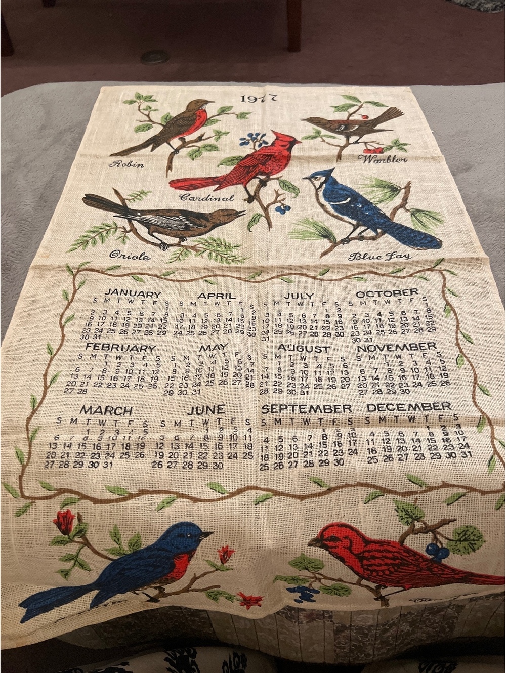 Vintage 1977 Linen Calendar Towel with Bird Illustrations